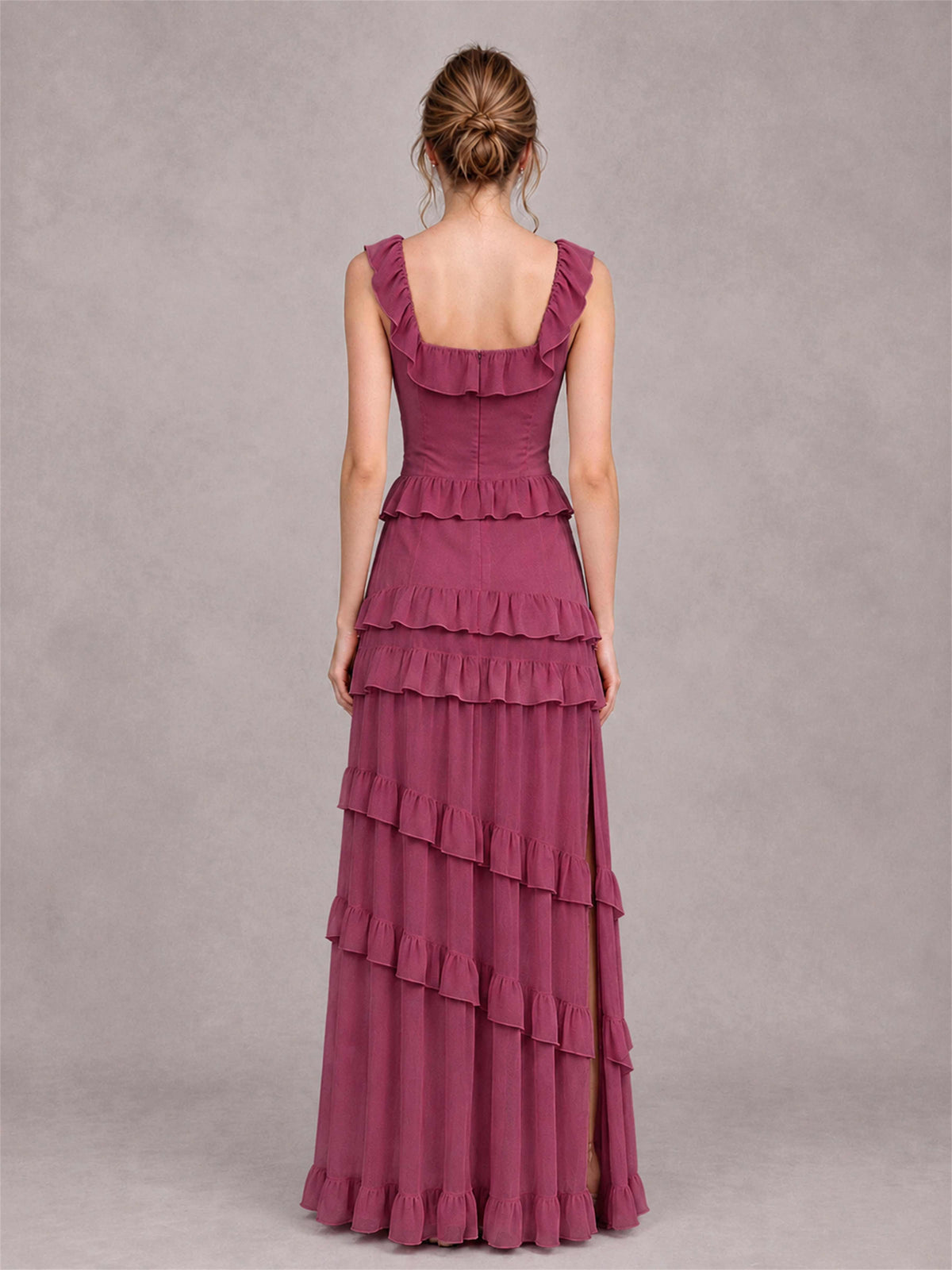 Square Neck A-Line Ruffle Chiffon Sleeveless Tiered Wedding Guest Dress with Split Side