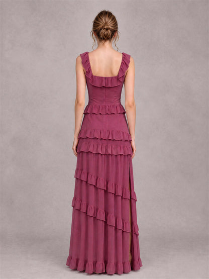 Square Neck A-Line Ruffle Chiffon Sleeveless Tiered Wedding Guest Dress with Split Side