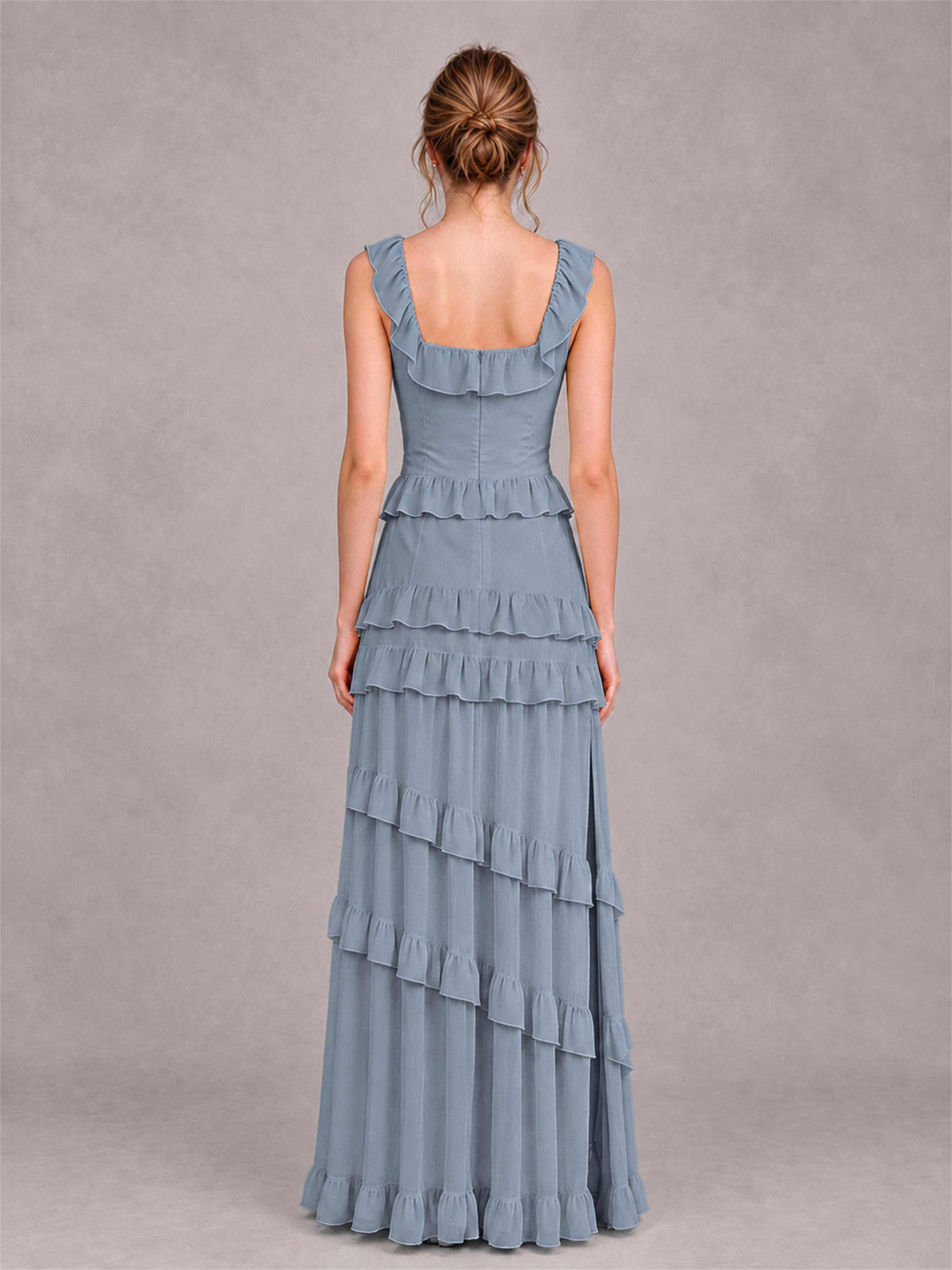 Square Neck A-Line Ruffle Chiffon Sleeveless Tiered Wedding Guest Dress with Split Side