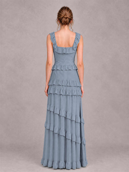 Square Neck A-Line Ruffle Chiffon Sleeveless Tiered Wedding Guest Dress with Split Side
