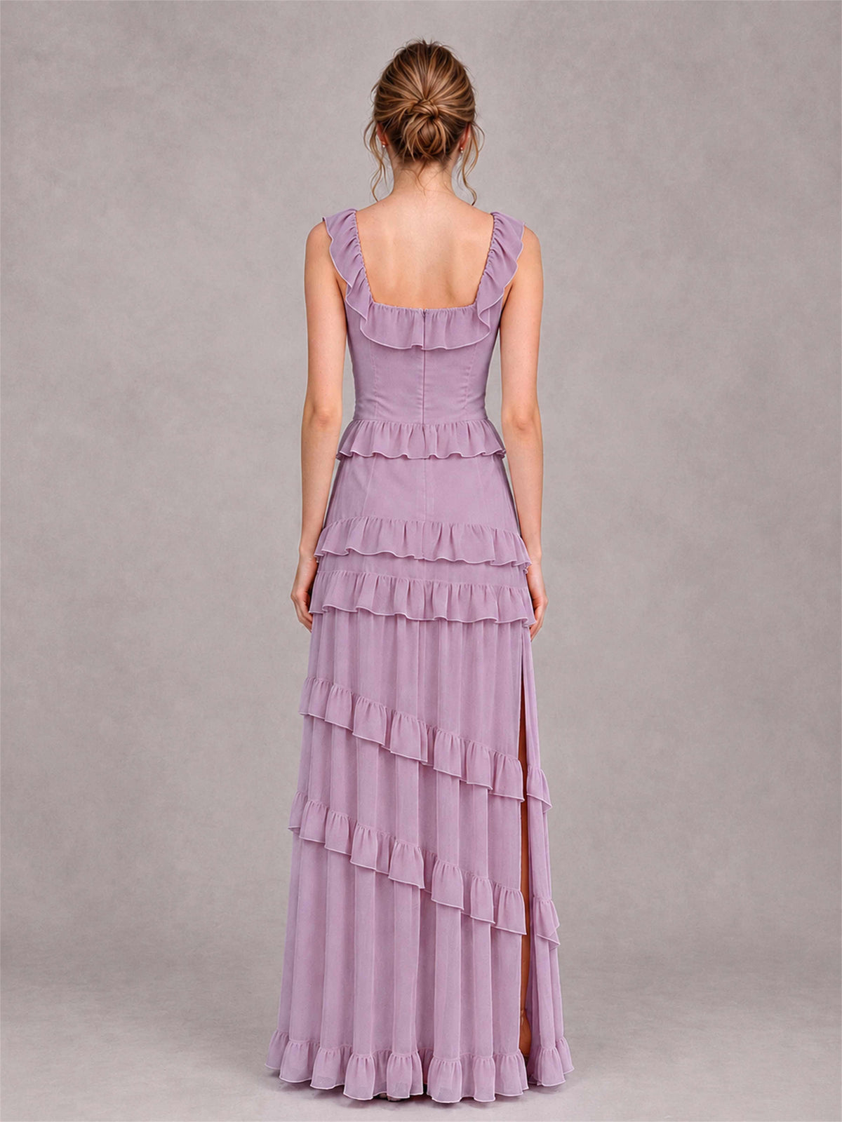 Square Neck A-Line Ruffle Chiffon Sleeveless Tiered Wedding Guest Dress with Split Side
