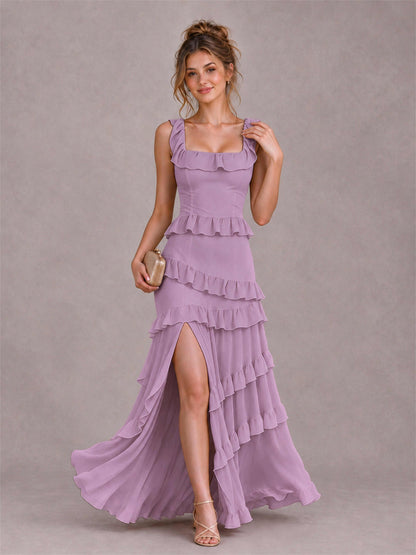 Square Neck A-Line Ruffle Chiffon Sleeveless Tiered Wedding Guest Dress with Split Side