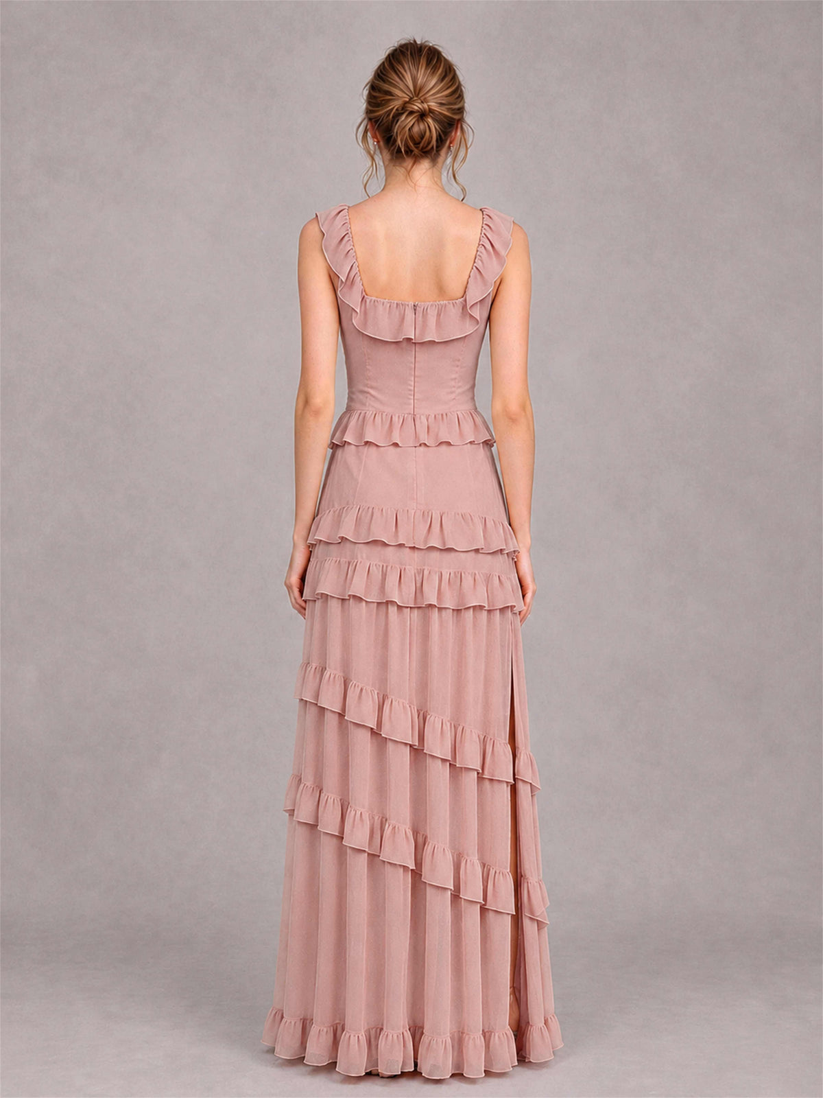 Square Neck A-Line Ruffle Chiffon Sleeveless Tiered Wedding Guest Dress with Split Side