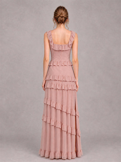 Square Neck A-Line Ruffle Chiffon Sleeveless Tiered Wedding Guest Dress with Split Side