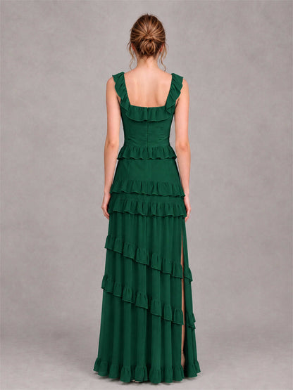 Square Neck A-Line Ruffle Chiffon Sleeveless Tiered Wedding Guest Dress with Split Side