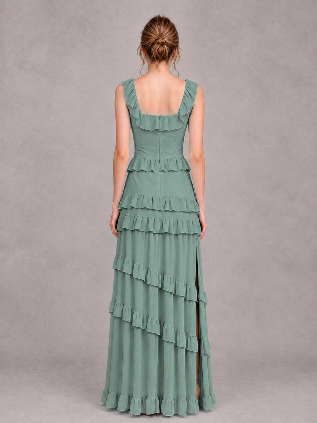 Square Neck A-Line Ruffle Chiffon Sleeveless Tiered Wedding Guest Dress with Split Side