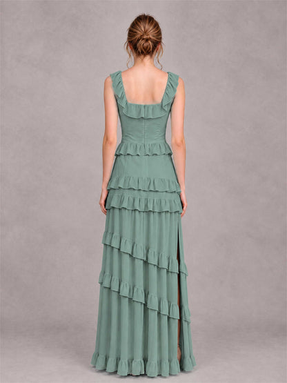 Square Neck A-Line Ruffle Chiffon Sleeveless Tiered Wedding Guest Dress with Split Side