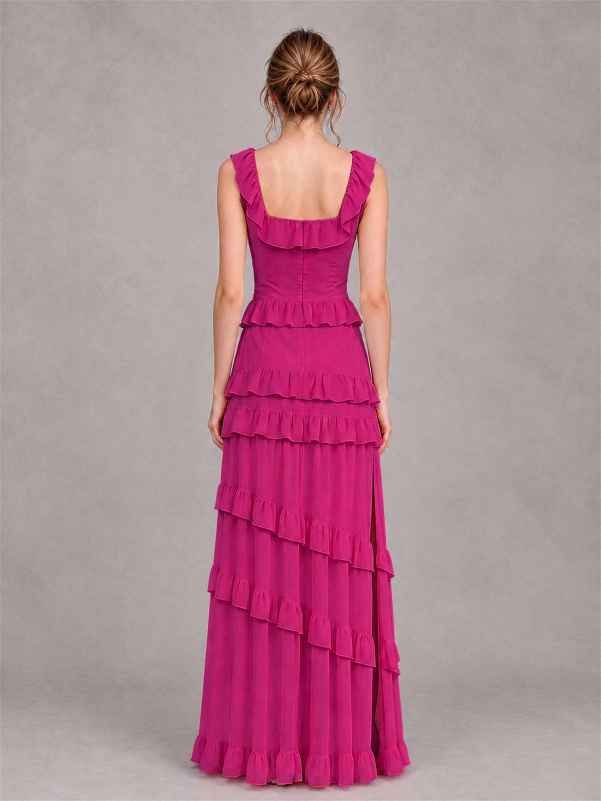 Square Neck A-Line Ruffle Chiffon Sleeveless Tiered Wedding Guest Dress with Split Side