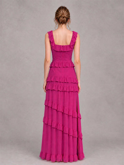 Square Neck A-Line Ruffle Chiffon Sleeveless Tiered Wedding Guest Dress with Split Side