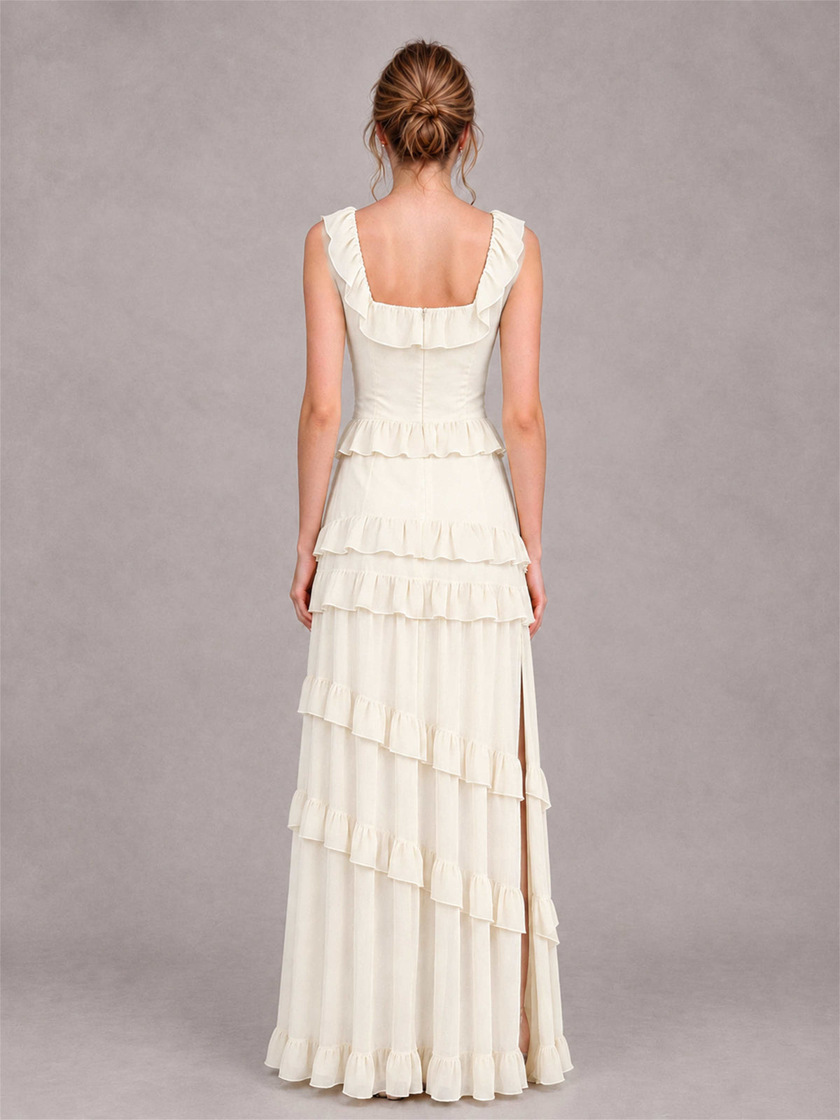 Square Neck A-Line Ruffle Chiffon Sleeveless Tiered Wedding Guest Dress with Split Side