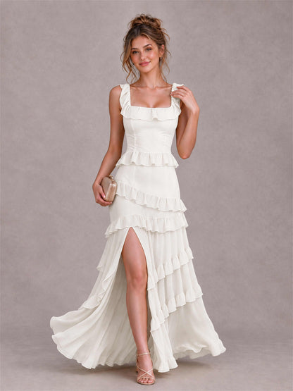 Square Neck A-Line Ruffle Chiffon Sleeveless Tiered Wedding Guest Dress with Split Side
