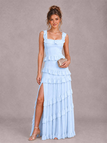 Square Neck A-Line Ruffle Chiffon Sleeveless Tiered Wedding Guest Dress with Split Side