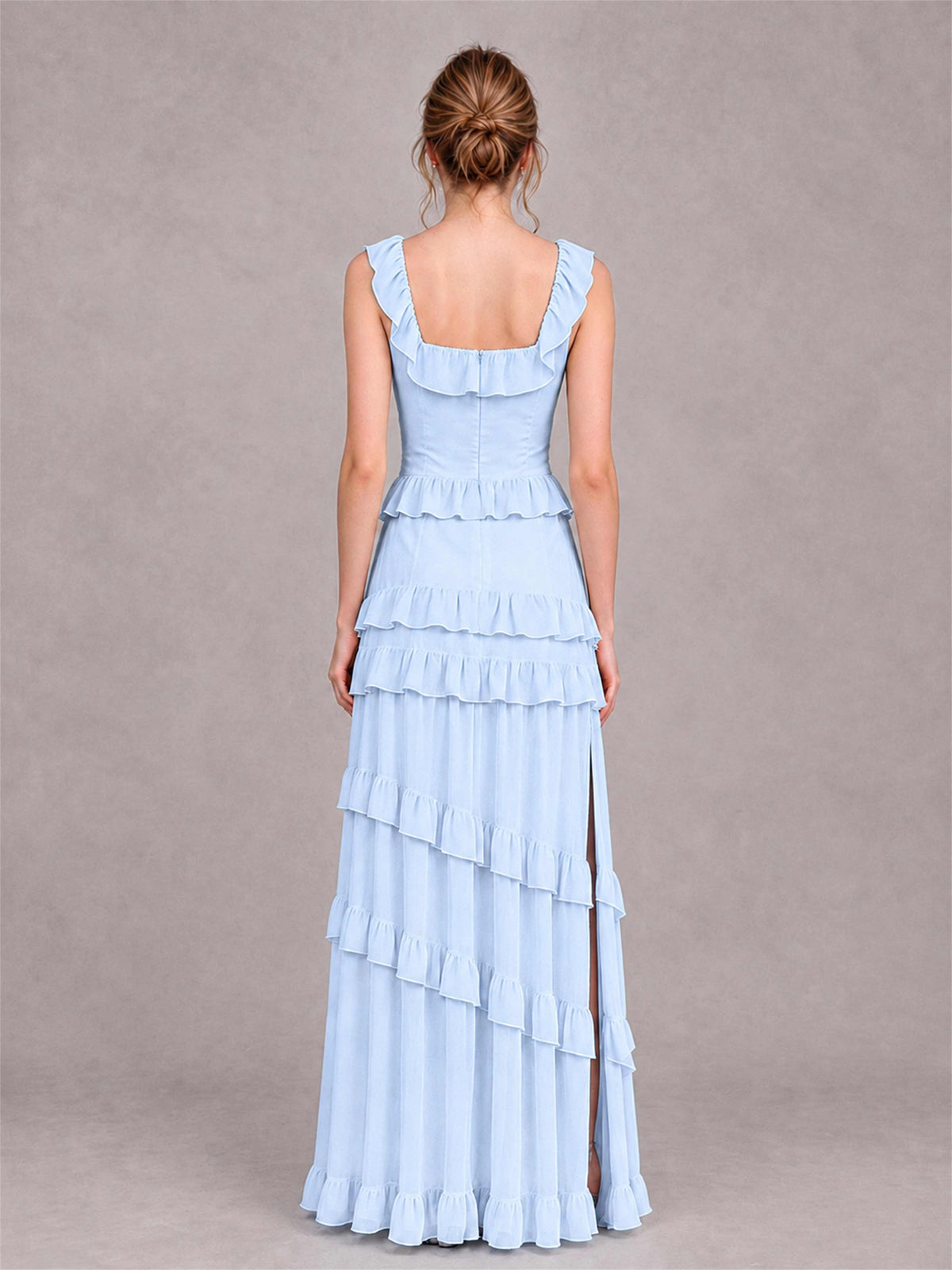 Square Neck A-Line Ruffle Chiffon Sleeveless Tiered Wedding Guest Dress with Split Side