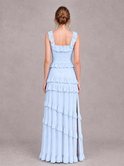 Square Neck A-Line Ruffle Chiffon Sleeveless Tiered Wedding Guest Dress with Split Side