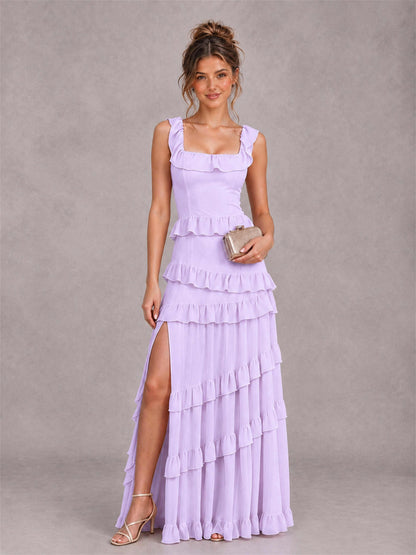 Square Neck A-Line Ruffle Chiffon Sleeveless Tiered Wedding Guest Dress with Split Side