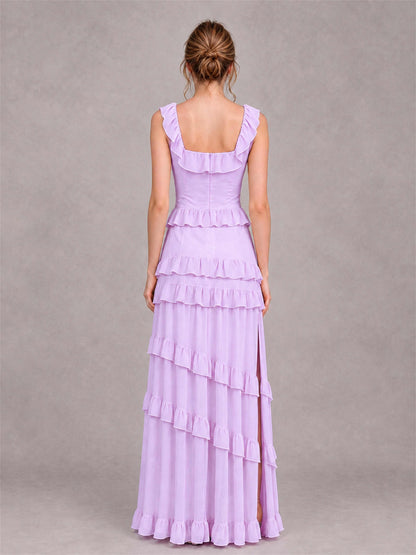 Square Neck A-Line Ruffle Chiffon Sleeveless Tiered Wedding Guest Dress with Split Side