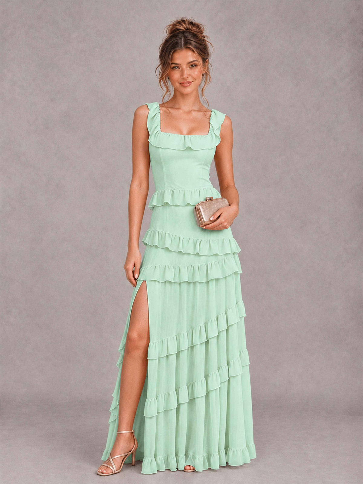 Square Neck A-Line Ruffle Chiffon Sleeveless Tiered Wedding Guest Dress with Split Side