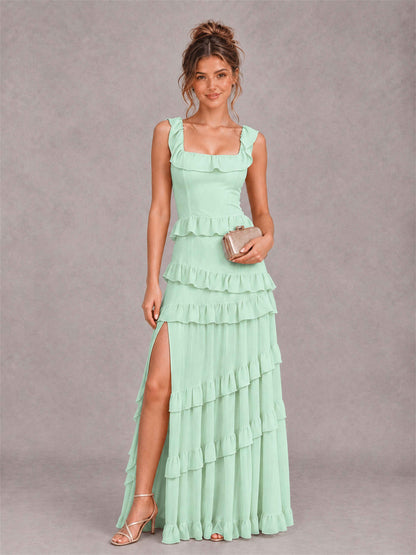 Square Neck A-Line Ruffle Chiffon Sleeveless Tiered Wedding Guest Dress with Split Side