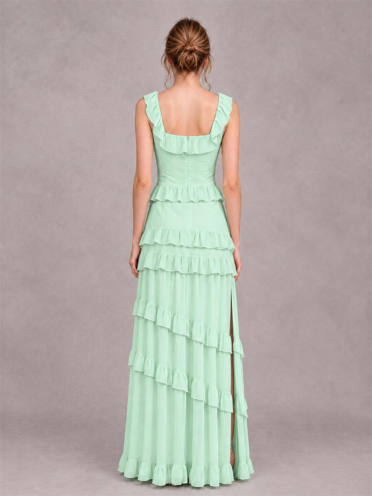 Square Neck A-Line Ruffle Chiffon Sleeveless Tiered Wedding Guest Dress with Split Side
