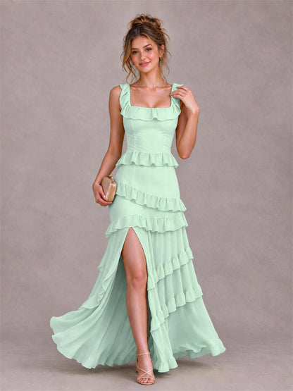 Square Neck A-Line Ruffle Chiffon Sleeveless Tiered Wedding Guest Dress with Split Side