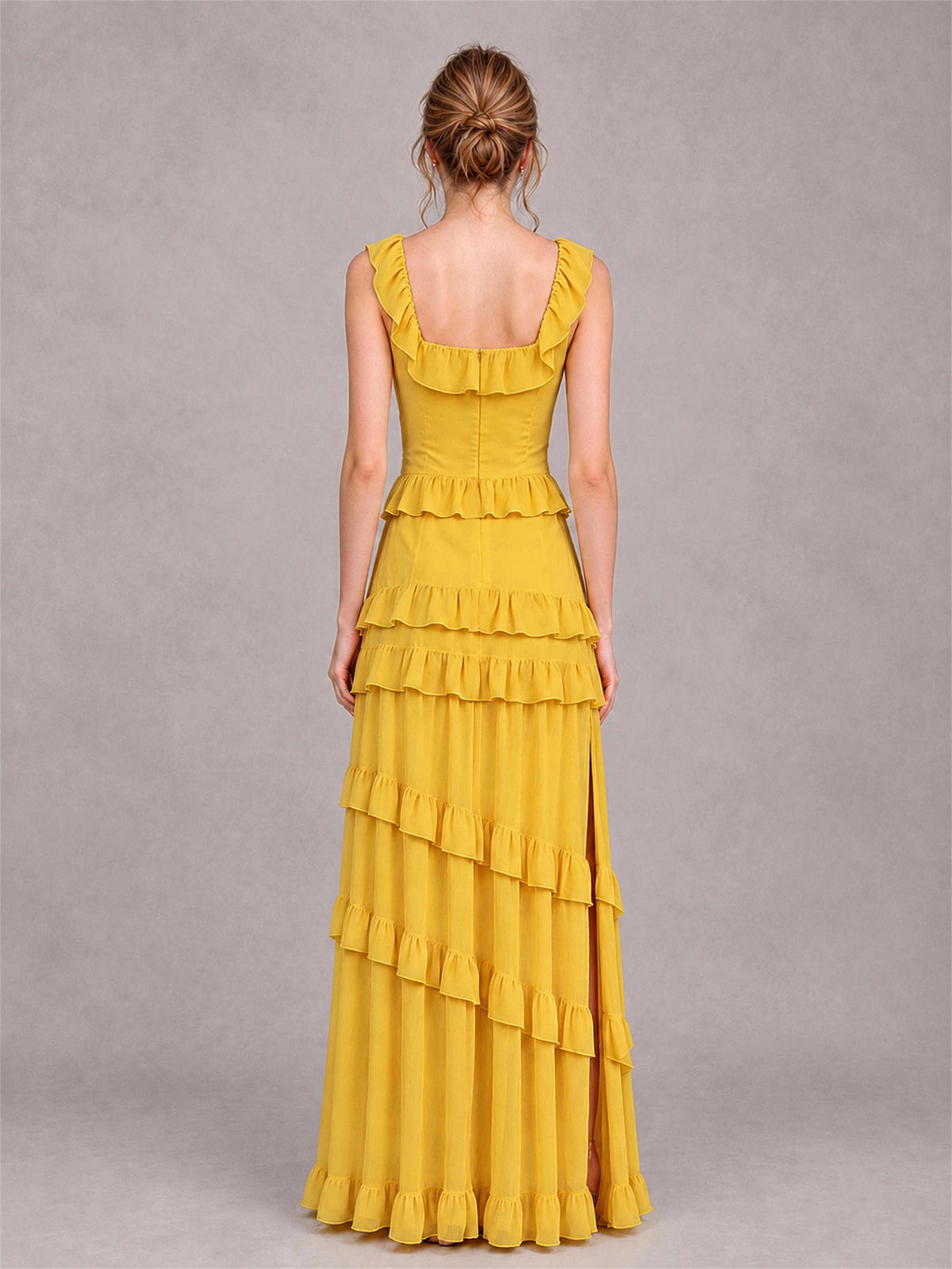 Square Neck A-Line Ruffle Chiffon Sleeveless Tiered Wedding Guest Dress with Split Side
