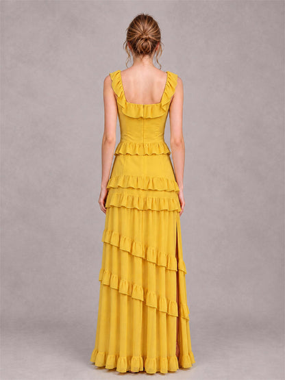 Square Neck A-Line Ruffle Chiffon Sleeveless Tiered Wedding Guest Dress with Split Side
