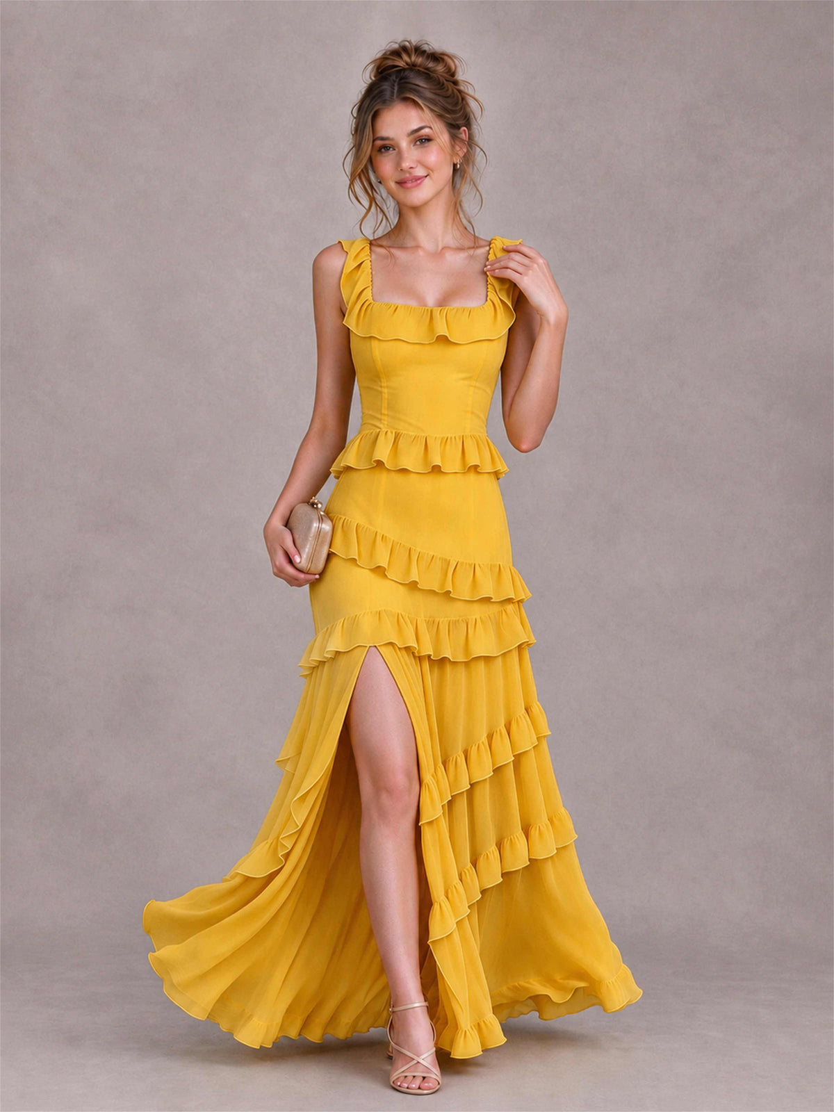 Square Neck A-Line Ruffle Chiffon Sleeveless Tiered Wedding Guest Dress with Split Side
