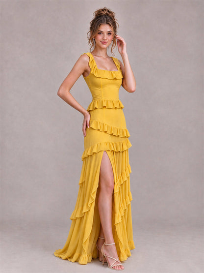 Square Neck A-Line Ruffle Chiffon Sleeveless Tiered Wedding Guest Dress with Split Side