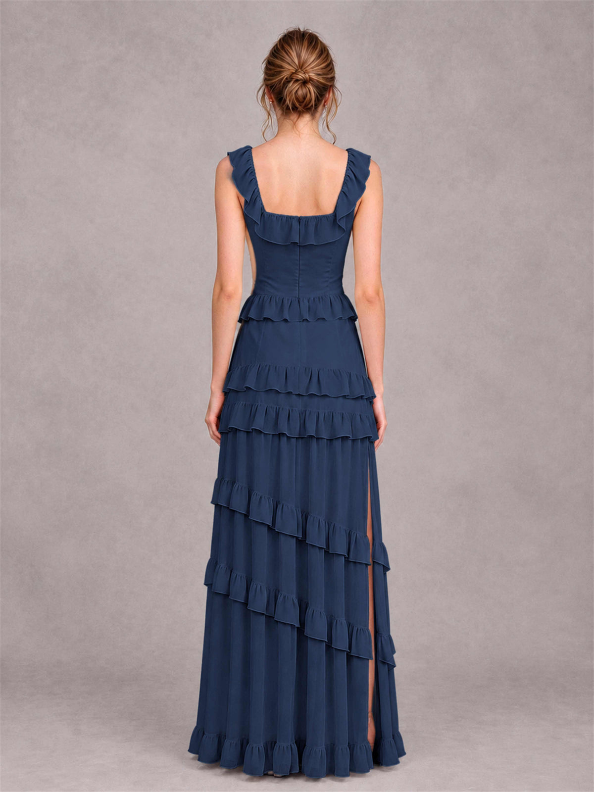 Square Neck A-Line Ruffle Chiffon Sleeveless Tiered Wedding Guest Dress with Split Side