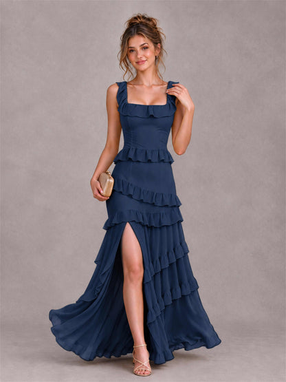Square Neck A-Line Ruffle Chiffon Sleeveless Tiered Wedding Guest Dress with Split Side