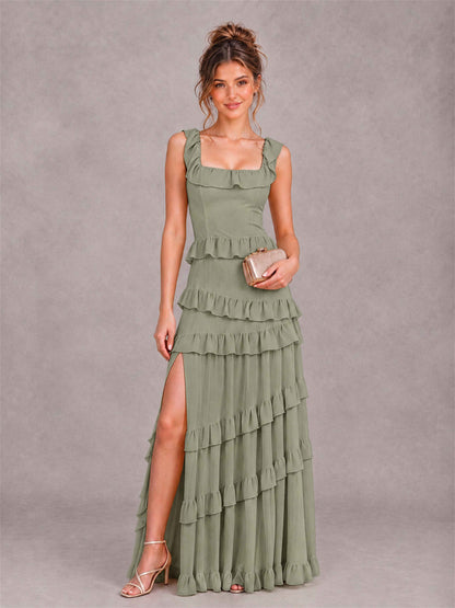 Square Neck A-Line Ruffle Chiffon Sleeveless Tiered Wedding Guest Dress with Split Side