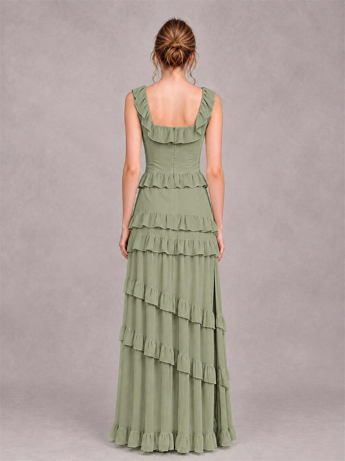 Square Neck A-Line Ruffle Chiffon Sleeveless Tiered Wedding Guest Dress with Split Side