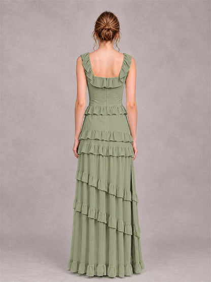 Square Neck A-Line Ruffle Chiffon Sleeveless Tiered Wedding Guest Dress with Split Side