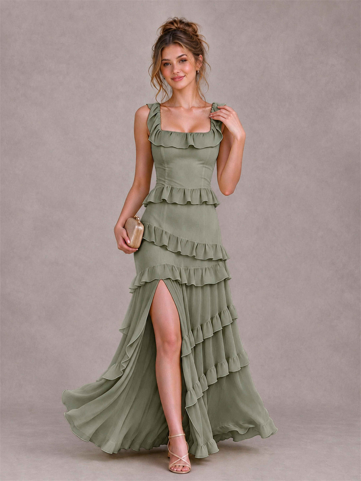 Square Neck A-Line Ruffle Chiffon Sleeveless Tiered Wedding Guest Dress with Split Side