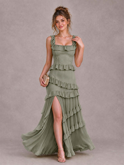 Square Neck A-Line Ruffle Chiffon Sleeveless Tiered Wedding Guest Dress with Split Side