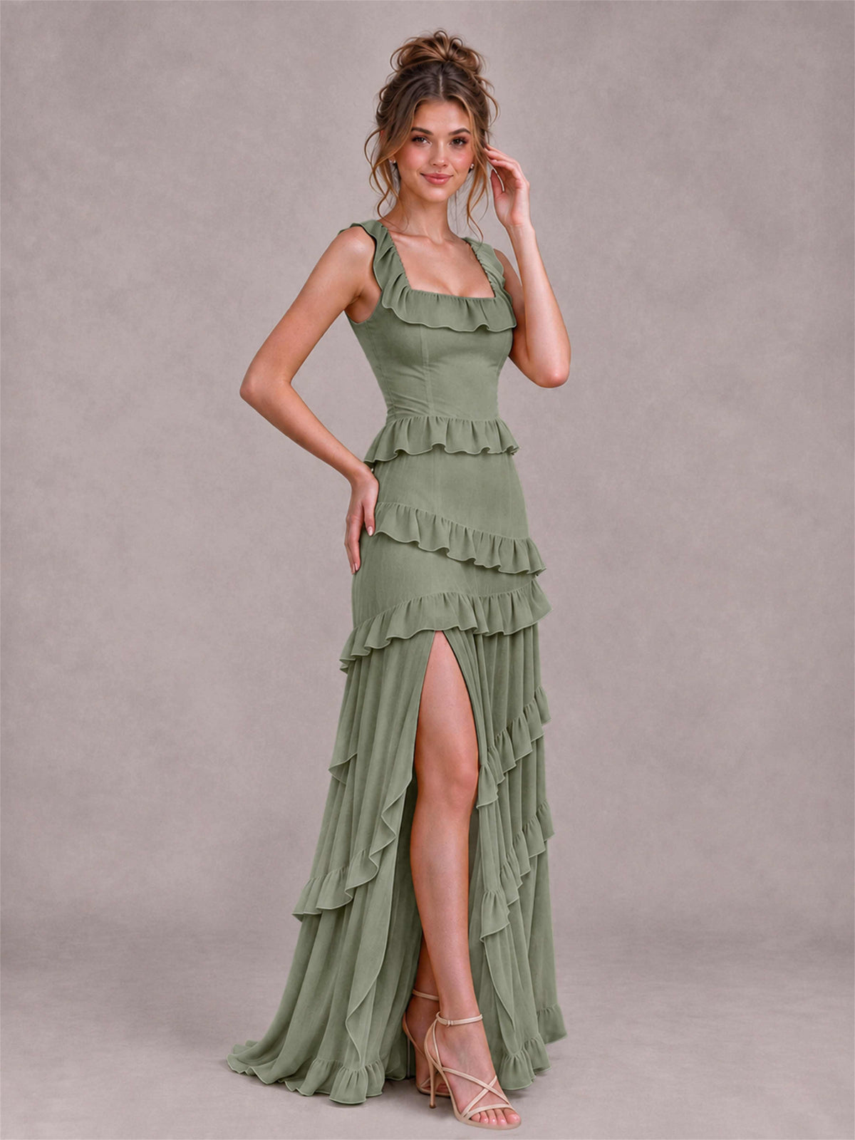 Square Neck A-Line Ruffle Chiffon Sleeveless Tiered Wedding Guest Dress with Split Side