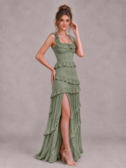Square Neck A-Line Ruffle Chiffon Sleeveless Tiered Wedding Guest Dress with Split Side