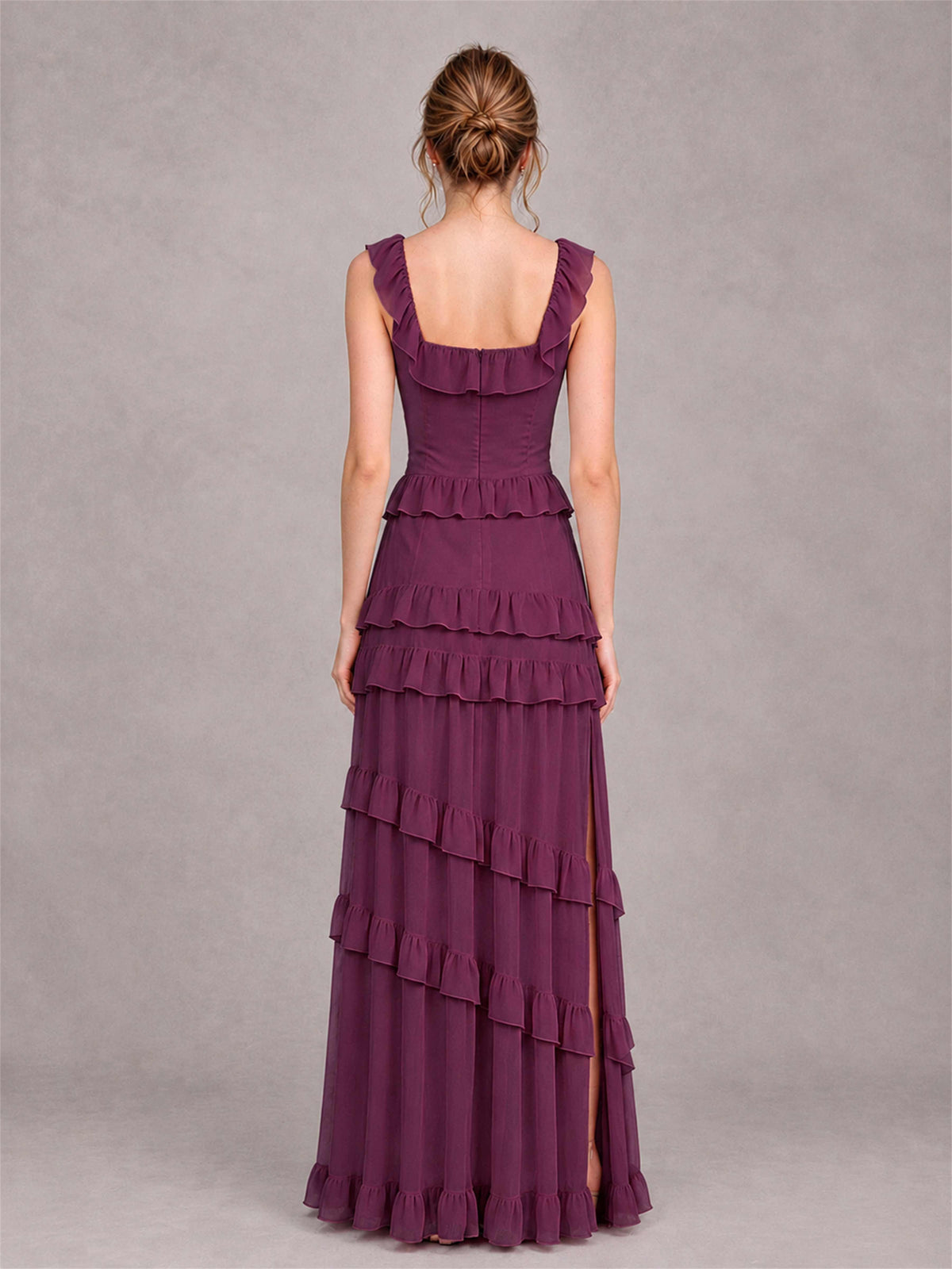 Square Neck A-Line Ruffle Chiffon Sleeveless Tiered Wedding Guest Dress with Split Side