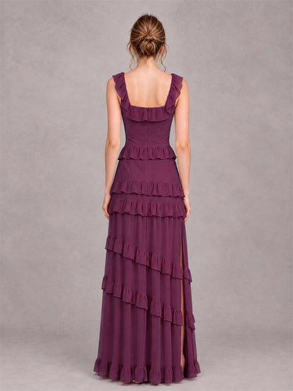 Square Neck A-Line Ruffle Chiffon Sleeveless Tiered Wedding Guest Dress with Split Side