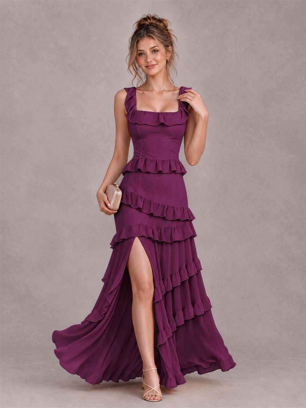 Square Neck A-Line Ruffle Chiffon Sleeveless Tiered Wedding Guest Dress with Split Side