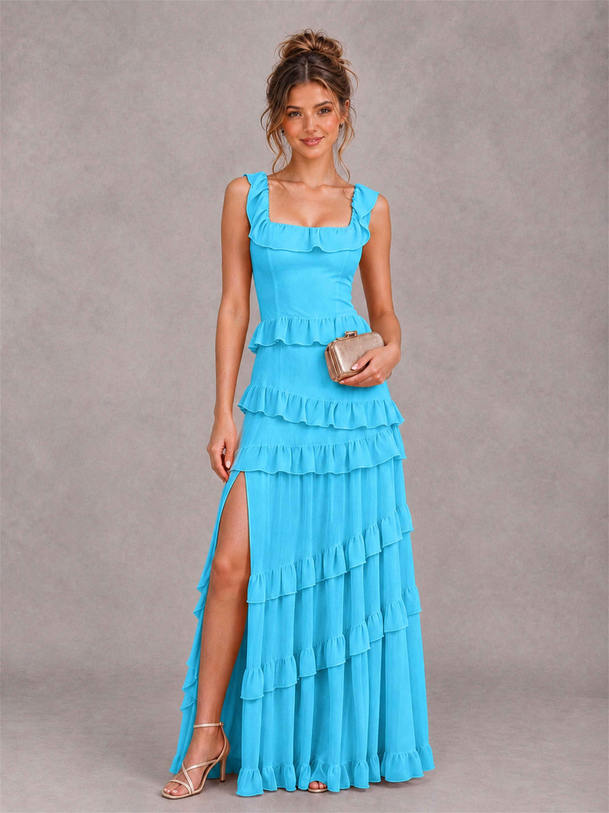 Square Neck A-Line Ruffle Chiffon Sleeveless Tiered Wedding Guest Dress with Split Side