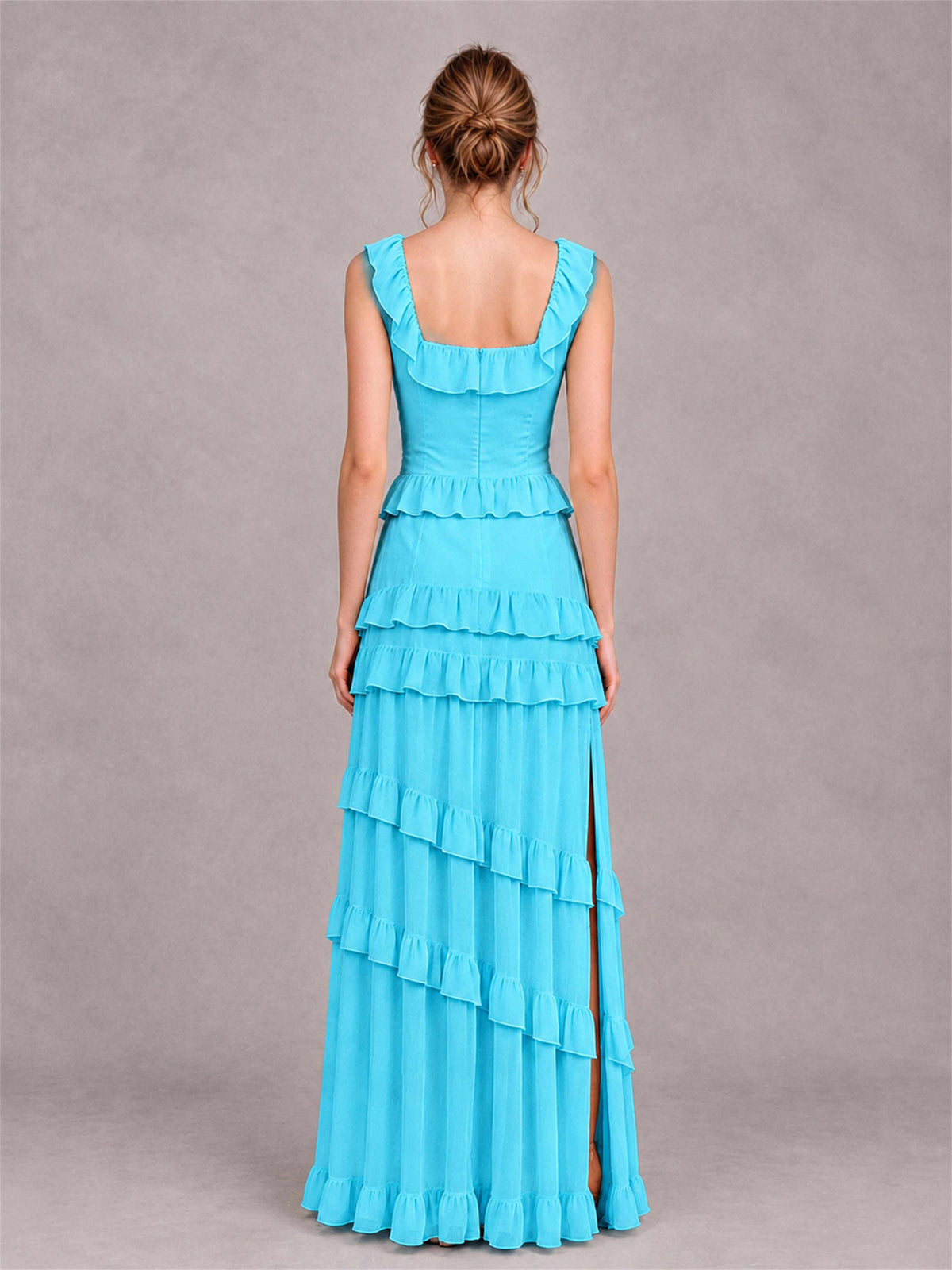 Square Neck A-Line Ruffle Chiffon Sleeveless Tiered Wedding Guest Dress with Split Side