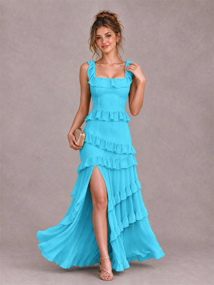 Square Neck A-Line Ruffle Chiffon Sleeveless Tiered Wedding Guest Dress with Split Side