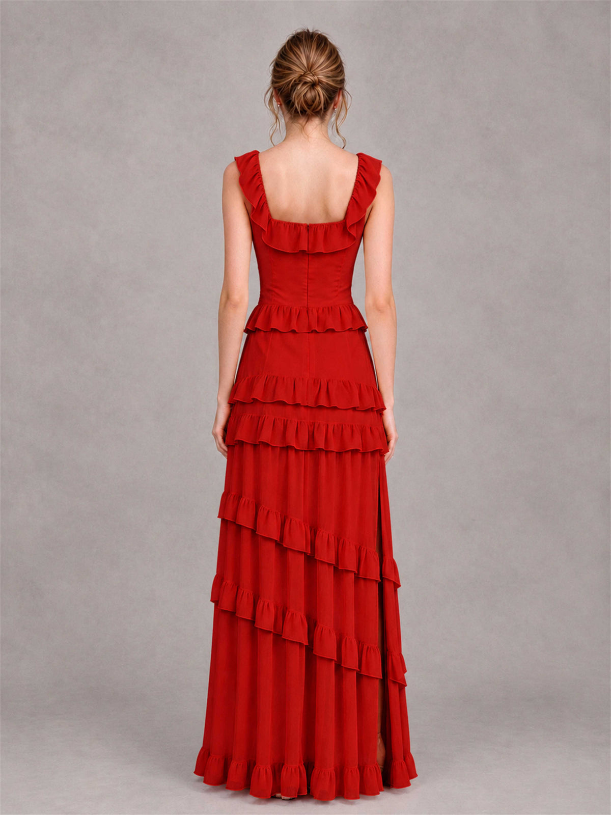 Square Neck A-Line Ruffle Chiffon Sleeveless Tiered Wedding Guest Dress with Split Side