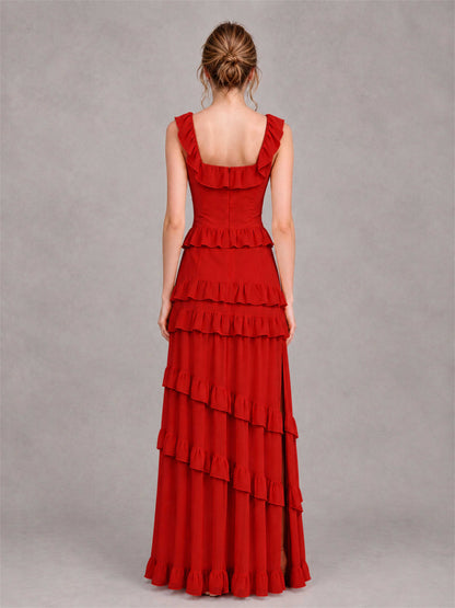 Square Neck A-Line Ruffle Chiffon Sleeveless Tiered Wedding Guest Dress with Split Side
