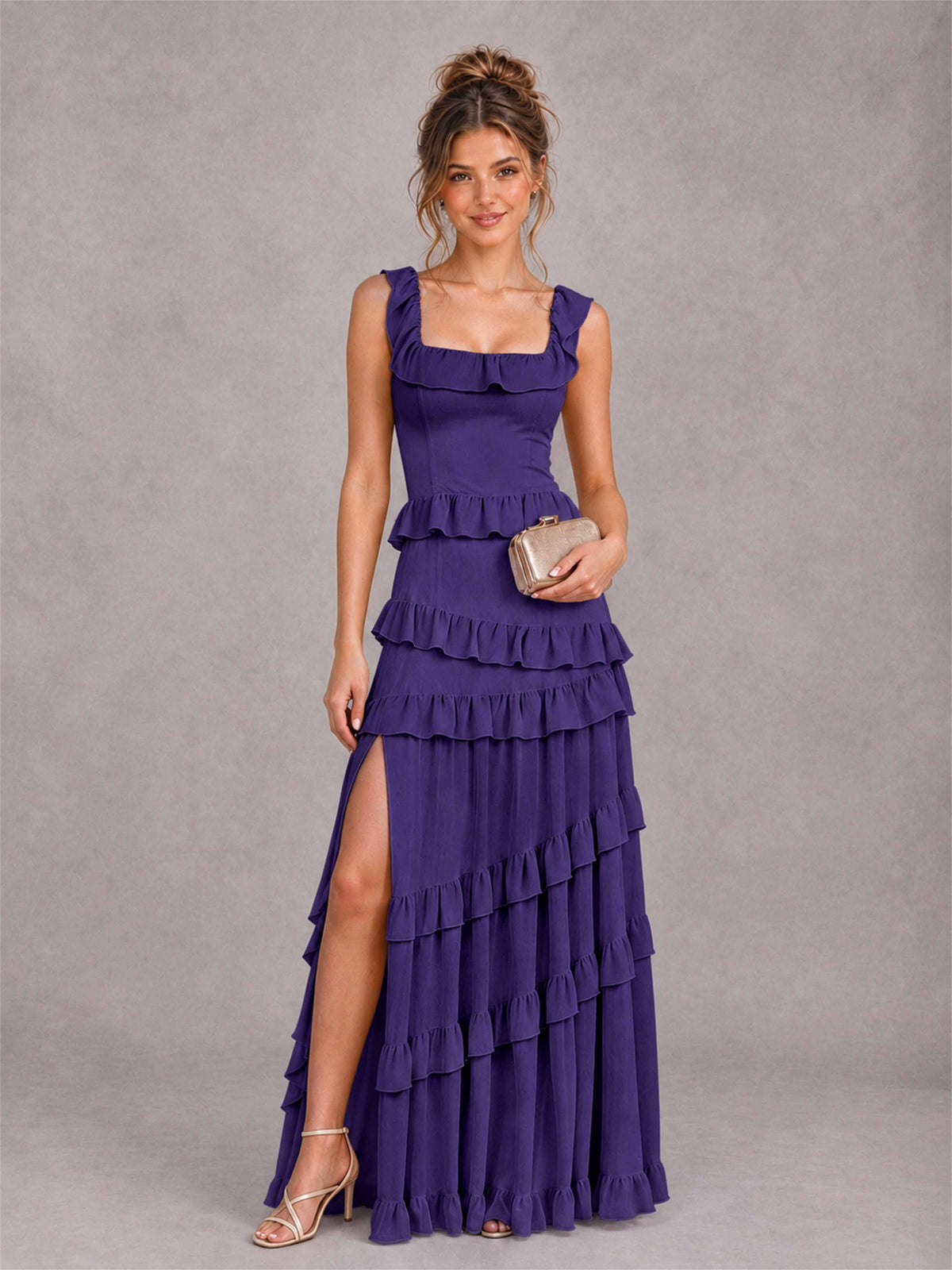 Square Neck A-Line Ruffle Chiffon Sleeveless Tiered Wedding Guest Dress with Split Side