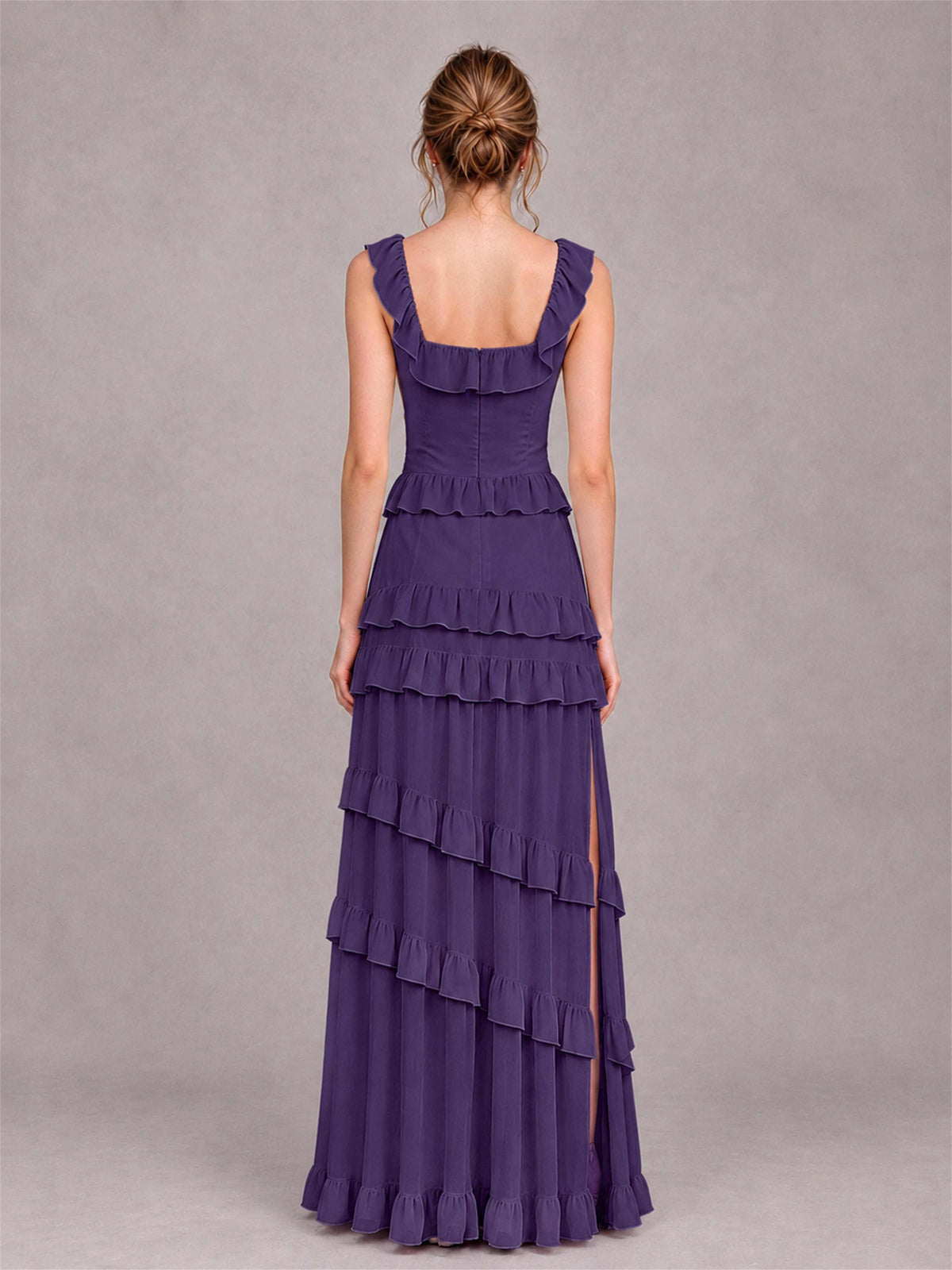 Square Neck A-Line Ruffle Chiffon Sleeveless Tiered Wedding Guest Dress with Split Side