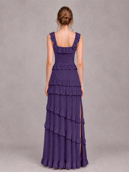 Square Neck A-Line Ruffle Chiffon Sleeveless Tiered Wedding Guest Dress with Split Side