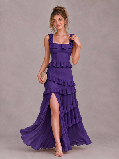 Square Neck A-Line Ruffle Chiffon Sleeveless Tiered Wedding Guest Dress with Split Side