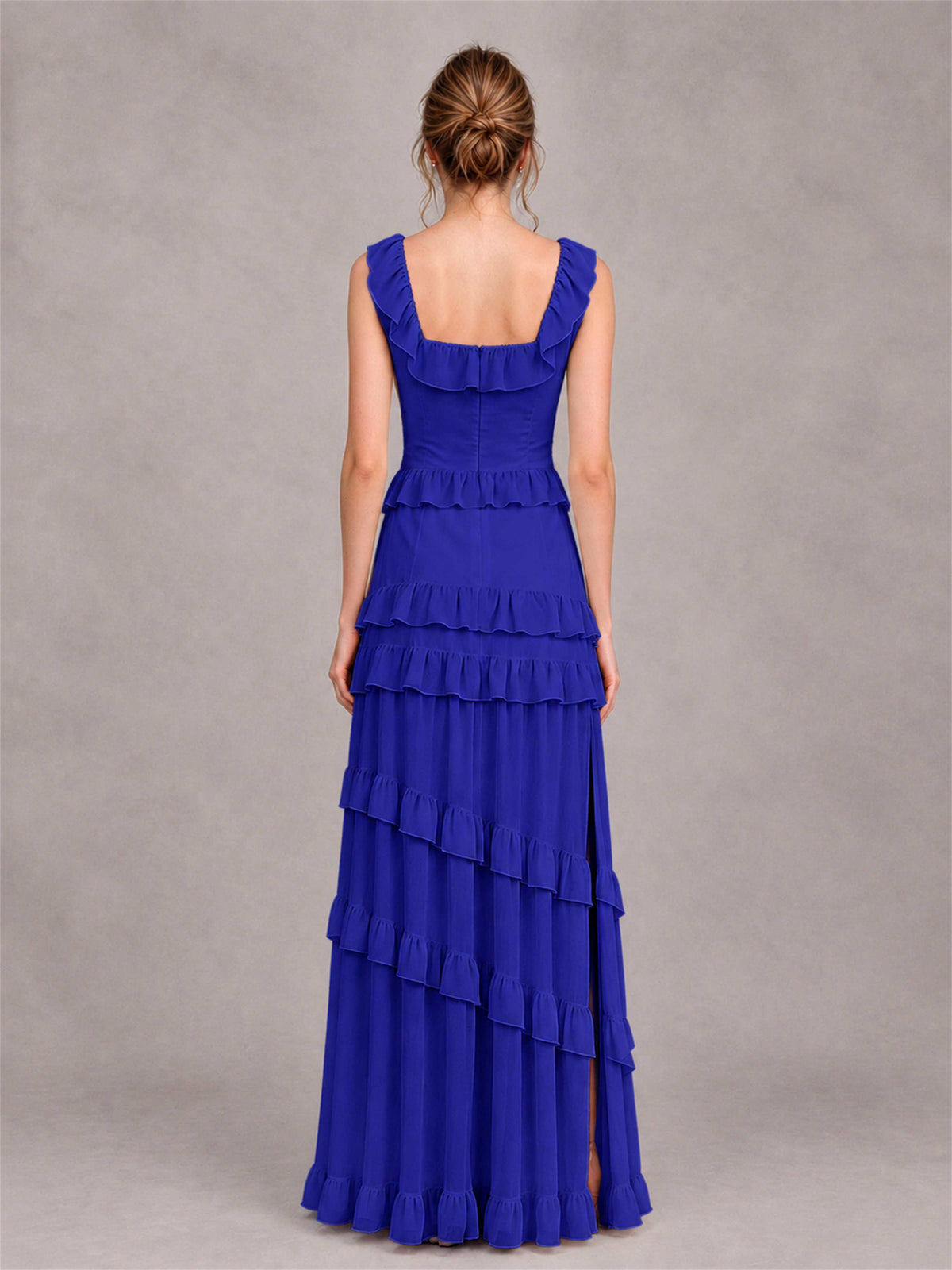 Square Neck A-Line Ruffle Chiffon Sleeveless Tiered Wedding Guest Dress with Split Side